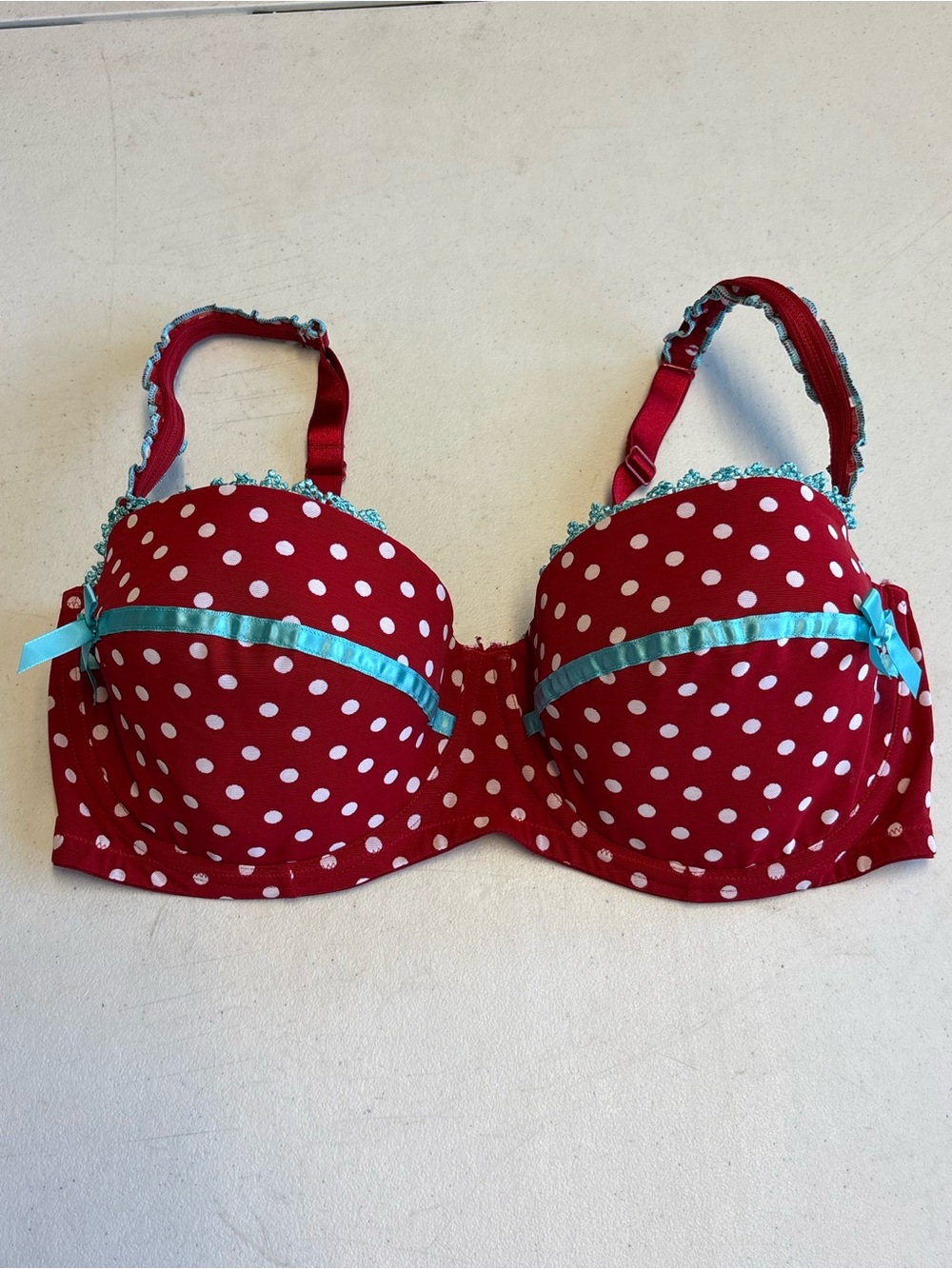 Cacique 40DD Red White Polka Dot Underwire Bra Blue Trim Bow Padded